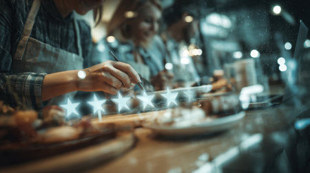 A close-up view of a culinary expert focused on enhancing food presentation in a vibrant restaurant, showcasing skill and creativity in service.の素材