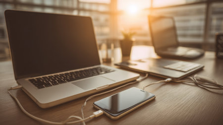 A modern workspace featuring a laptop and smartphone connected to charging cables, illuminated by warm natural light, promoting productivity and comfort.の素材