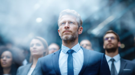 A confident business leader stands at the forefront, surrounded by colleagues in a misty, corporate environment, symbolizing teamwork and ambition.の素材