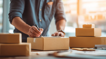 A person is focused on writing on a cardboard box in a bright workspace surrounded by stacked packages. The atmosphere reflects efficiency and organization.の素材