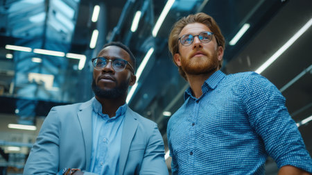 Two professional men stand in a contemporary workspace, gazing upward with thoughtful expressions, embodying teamwork and strategic planning.の素材