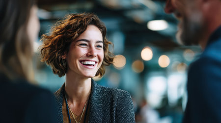 A joyful woman with curly hair shares a smile during a lively conversation in a modern office environment filled with warm lighting.の素材