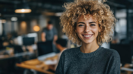 A cheerful young woman with curly hair showcases a warm smile in a modern office space. Her relaxed demeanor reflects a positive work environment.の素材