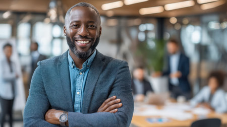 A confident business professional with a warm smile stands in a modern office. Colleagues engage in discussions, showcasing teamwork and collaboration.の素材
