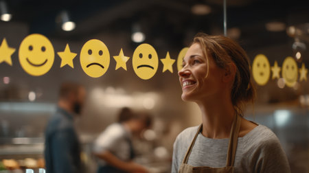 A joyful young woman gazes at a customer feedback display showcasing smiley faces and stars in a bustling cafe. The warm atmosphere highlights positive customer experiences.の素材