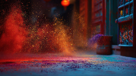 Capturing a colorful explosion of powder and dust particles in a vibrant traditional setting, this image evokes a festive atmosphere filled with artistry and creativity.の素材