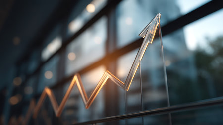 This image features a transparent glass arrow representing business growth, set against a backdrop of a modern urban environment.の素材