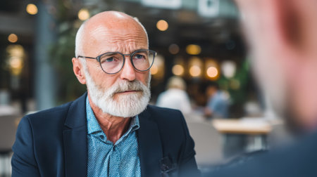A senior man with a gray beard and glasses engages in a serious conversation with a colleague in a modern cafe setting, showcasing deep emotions and professional dynamics.の素材