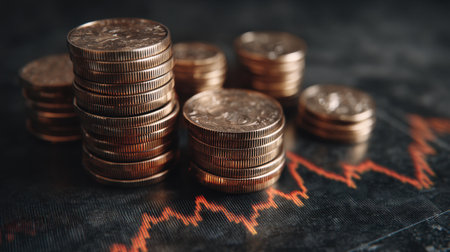 A close-up image of stacks of coins on a dark material with a rising trend graph, symbolizing financial growth and investment potential.の素材