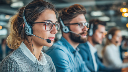 A professional support team engages in customer service interactions, displaying focus and dedication in a contemporary office setting.の素材