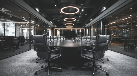 Spacious conference room designed for modern business meetings, featuring sleek furnishings, circular lighting, and glass partitions for a professional atmosphere.の素材