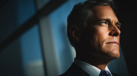 A confident businessman stands in a modern office, gazing thoughtfully out of a window. The dramatic lighting highlights his features, conveying a sense of leadership and determination.の素材
