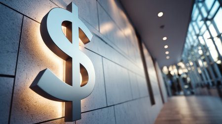A sleek metallic dollar sign shines on a modern wall in a contemporary office space, representing themes of finance and business. This image conveys professionalism and success.の素材