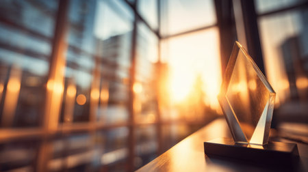 This image features an elegant trophy set against a warm, sunlit backdrop in a modern office, symbolizing achievement and success.の素材