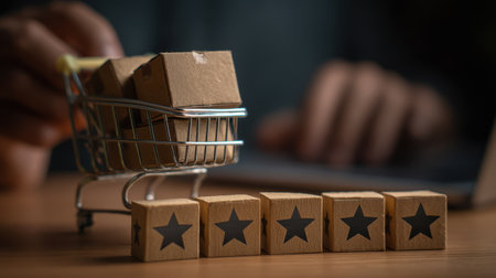 Visual representation of online shopping, featuring a shopping cart and wooden blocks with stars, illustrating customer feedback and ratings in a digital setting.の素材