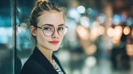 A young woman wearing stylish glasses poses confidently in a modern urban setting, radiating charm and sophistication with a serene expression.の素材