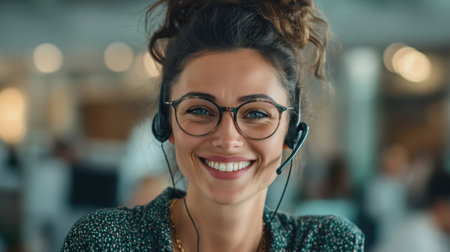 A cheerful young woman with glasses and a headset smiles brightly in a modern office setting, reflecting a positive attitude toward work and communication.の素材