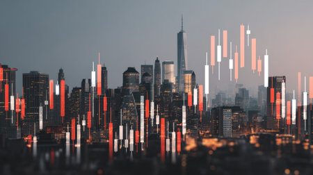 A stunning urban skyline featuring a market trend graph overlay that symbolizes financial growth and investment potential in modern cities.の素材