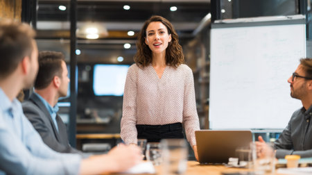 A confident woman stands at the forefront of a modern business meeting, engaging her colleagues with a compelling presentation in a collaborative office environment.の素材