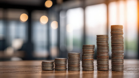 An aesthetic arrangement of stacked coins symbolizes financial growth and investment success, ideal for illustrating business strategies and economic concepts.の素材