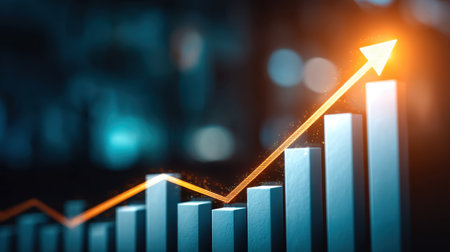 This image showcases a dynamic growth chart with an upward arrow, symbolizing business success and financial progression in a modern design.の素材