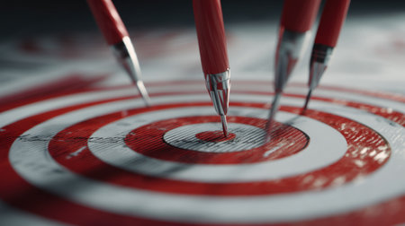 An artistic representation of red pens striking the center of a target, symbolizing precision and focus in achieving goals and success.の素材