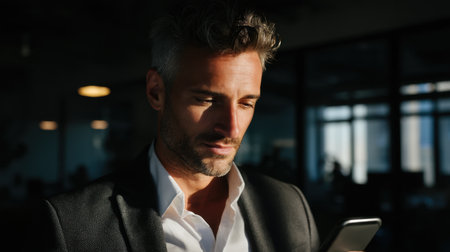 A focused businessman in formal attire engages with his smartphone in a stylish office space during late afternoon, embodying professionalism and modern career life.の素材
