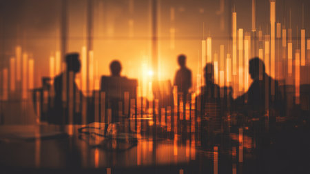 A captivating silhouette of professionals engaged in a meeting against a stunning sunset backdrop, enhanced by abstract data visualization.の素材