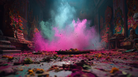 A mesmerizing scene capturing colorful smoke and floral petals scattered across the temple floor, evoking the spirit of celebration and artistry.の素材