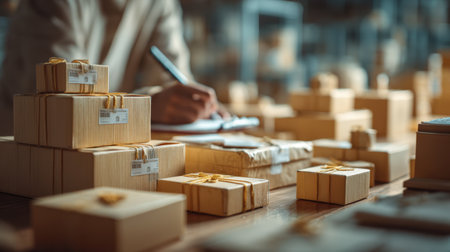 A cozy workspace showcases a person organizing wooden gift boxes while jotting notes. Natural light brings warmth to the creative and productive environment.の素材