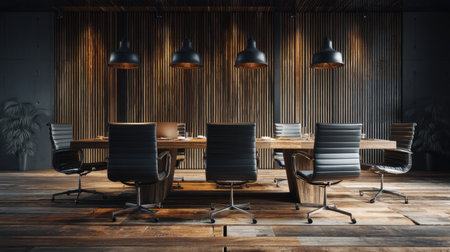 A stylish modern conference room featuring a large wooden table surrounded by sleek black chairs, illuminated by elegant pendant lights. Ideal for business meetings.の素材