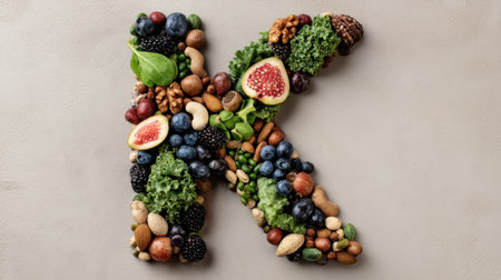 Vibrant and artistic composition of fresh fruits, nuts, and vegetables shaped into the letter K, showcasing health and nutrition in a creative layout.の素材
