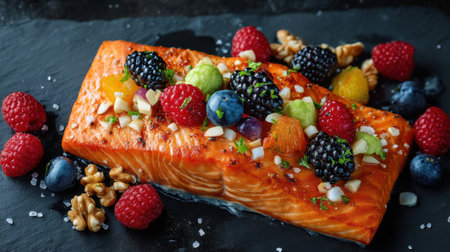 A beautifully grilled salmon fillet garnished with an array of fresh berries and nuts, perfect for a healthy and vibrant meal presentation.の素材