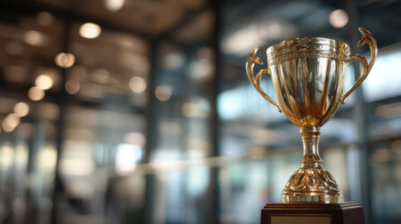 A gleaming golden trophy stands prominently on a wooden base in a contemporary office space, symbolizing triumph and success in various competitions or achievements.の素材