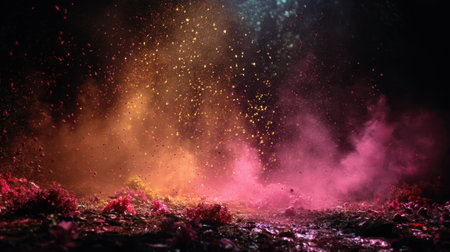 Discover an enchanting scene featuring colorful dust and smoke particles dancing through the air, creating a dreamlike atmosphere in this artistic nature portrayal.の素材
