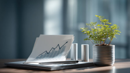 A modern office scene featuring a growth chart, a green plant in a stylish pot, and business tools that symbolize productivity and success.の素材
