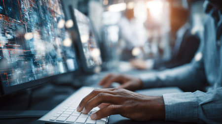A focused individual engages with a computer in a modern office, analyzing data displayed on multiple screens, showcasing advanced technology in action.の素材