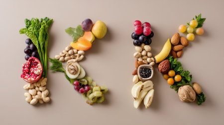 A creative arrangement of assorted fresh fruits, nuts, and vegetables forming the letter K, showcasing vibrant colors and textures on a simple beige background.の素材