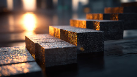 A captivating view of textured stone blocks forming a pathway, beautifully lit by the warm glow of sunset, creating a serene urban atmosphere.の素材