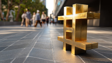 A striking golden hashtag symbol stands prominently on a sleek urban street, capturing the essence of modern culture amidst people in motion.の素材