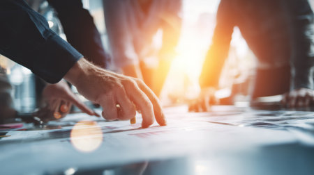 A group of professionals engages in a collaborative brainstorming session, focusing on project planning and creative strategy in a dynamic office setting.の素材