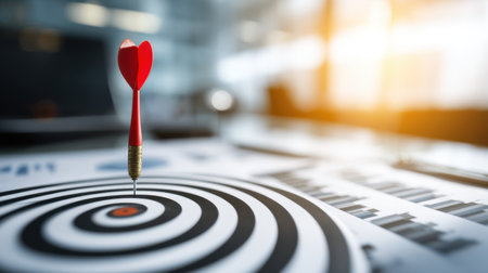 A red dart striking a black and white target symbolizes achievement and success in a business environment, highlighting focus and strategy.の素材
