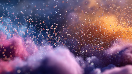A mesmerizing scene featuring colorful particles floating in a dreamlike atmosphere, complemented by soft clouds and glittering lights. This abstract visualization evokes feelings of wonder and tranquility.の素材