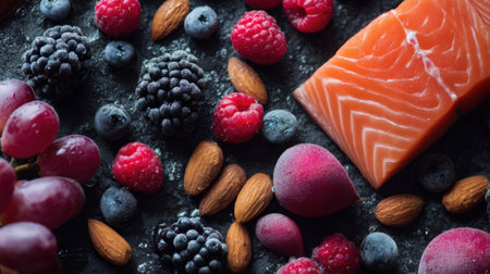 A stunning arrangement of fresh salmon fillet accompanied by vibrant fruits and berries on a dark surface, perfect for healthy culinary inspirations.の素材