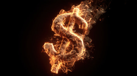 This dynamic image features a glowing dollar sign formed by vibrant flames, symbolizing wealth and financial success against a dark background.の素材