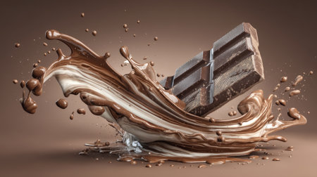 A stunning visual of a chocolate bar erupting in a splash of creamy liquid, captured in dynamic motion, highlighting rich textures and colors.の素材