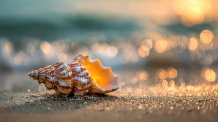 A stunning close-up shot of a vibrant sea shell resting on the golden sand, complemented by gentle waves and a dreamy bokeh effect during sunset.の素材