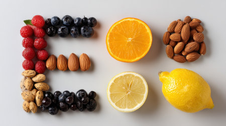 A vibrant arrangement of various fruits and nuts creatively forms the letter E, showcasing healthy eating and nutrition themes. Perfect for promoting wellness and colorful meals.の素材