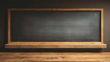 An empty chalkboard with a rustic wooden frame and shelf sits against a textured wall, perfect for educational or creative uses.の素材