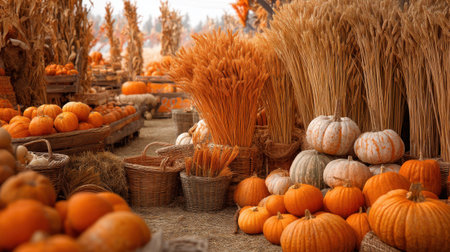 A vibrant autumn harvest scene showcases an array of orange pumpkins, golden sheafs of wheat, and colorful decorative corn in a rustic market setting.の素材